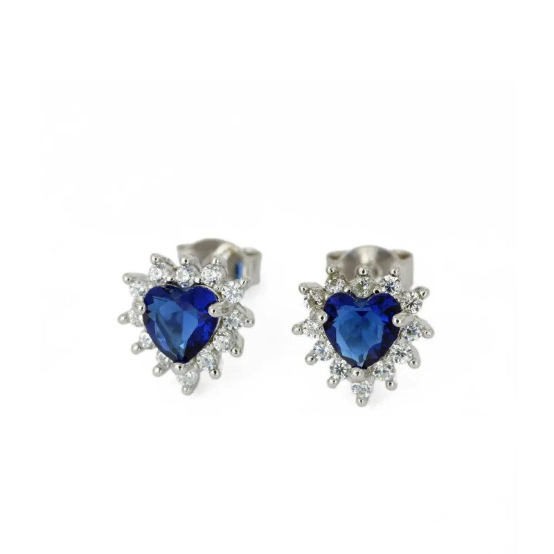Silver ear studs with cut blue glass