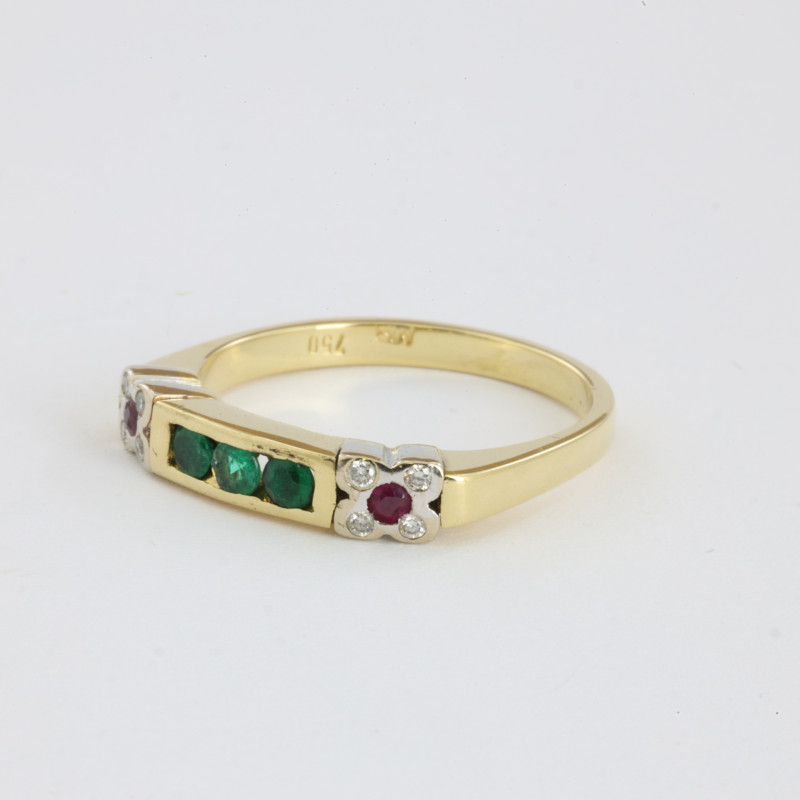 Catawiki - Bague en Or jaune et blanc 18k avec Emeraudes, Diamants et Rubis