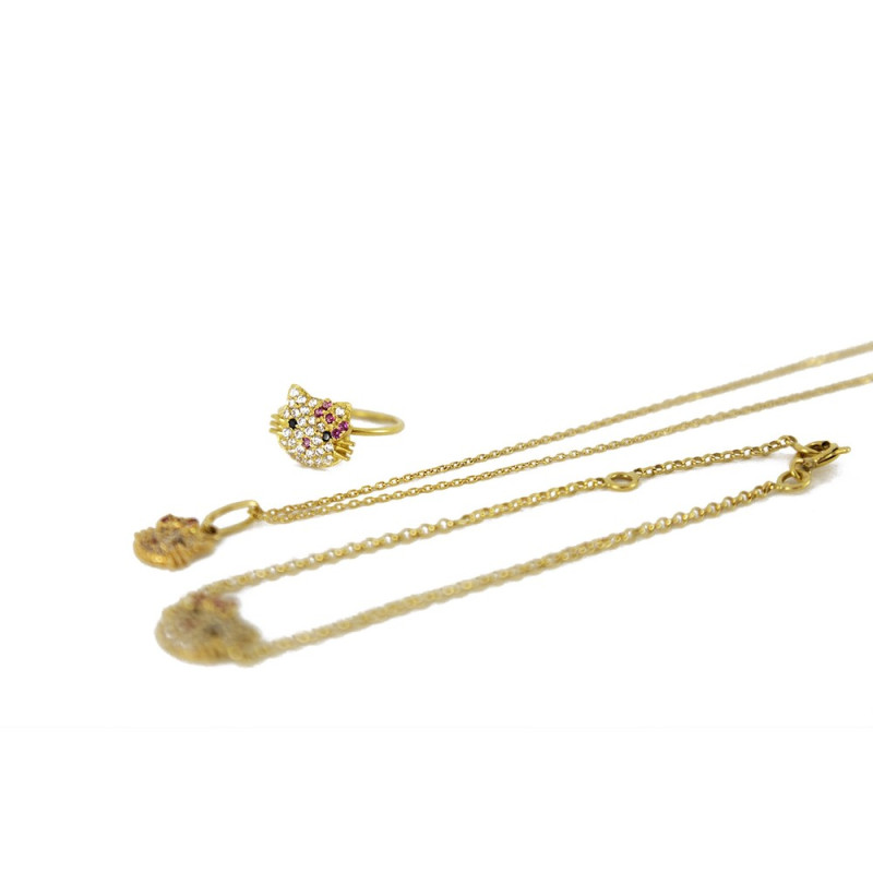 Schmuckset – Ring, Armband, Halskette aus 18 Karat Gelbgold – Motiv „Hello Kitty“